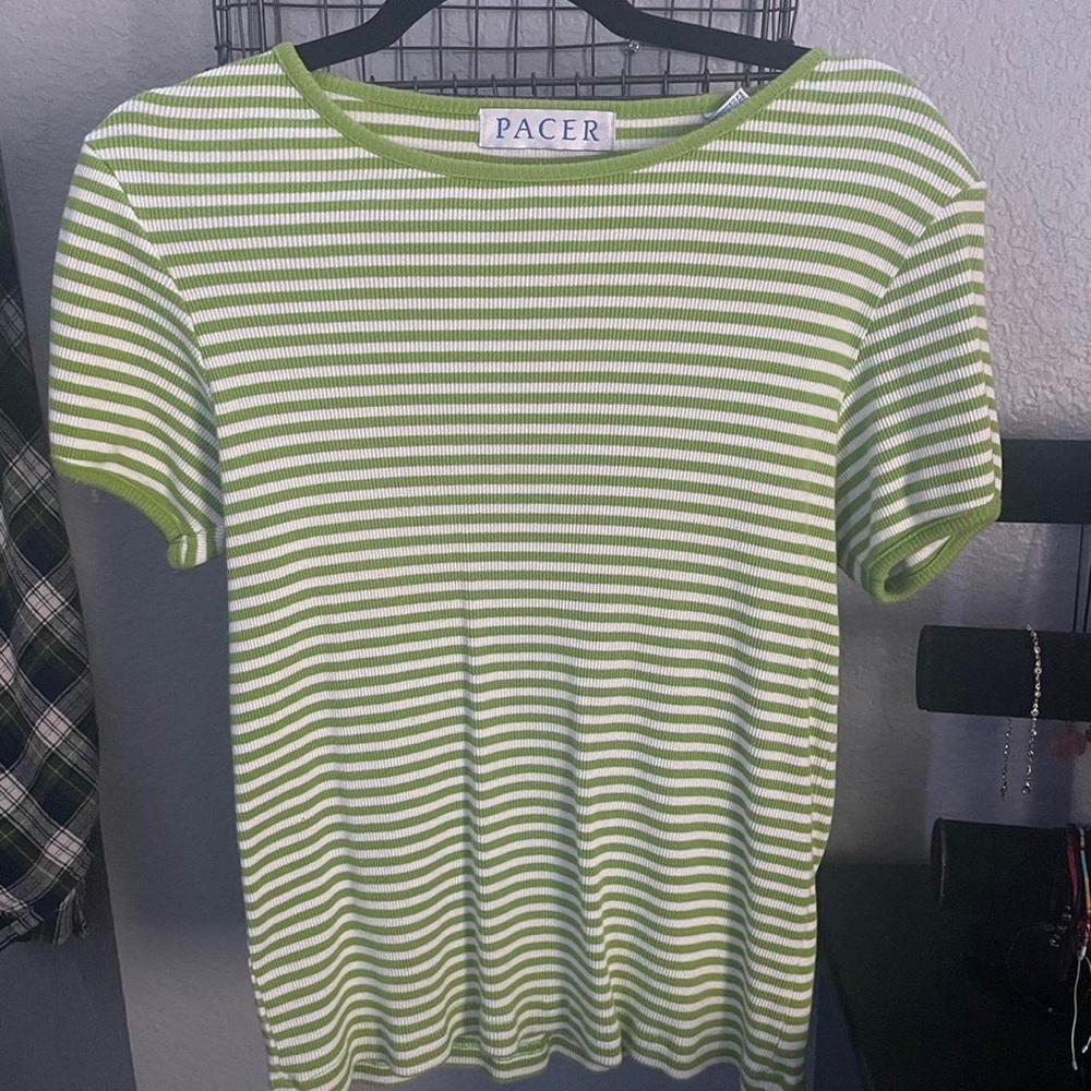 pacer green and white striped ringer tee